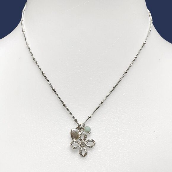 Fossil Necklace Silver Tone Flower Pendant Heart Bead Charm Boho Chic Jewelry - Picture 2 of 8